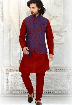 Woven Art Silk Jacquard Nehru Jacket in Royal Blue and Red