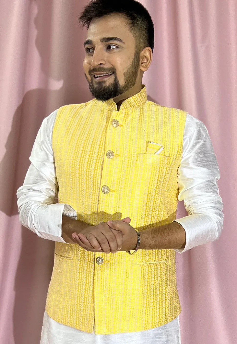 Woven Art Silk Jacquard Nehru Jacket in Yellow