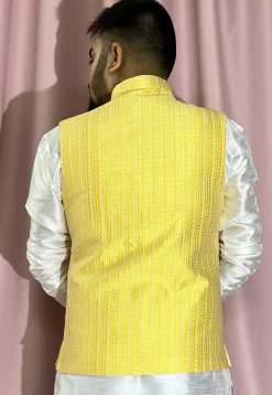 Woven Art Silk Jacquard Nehru Jacket in Yellow