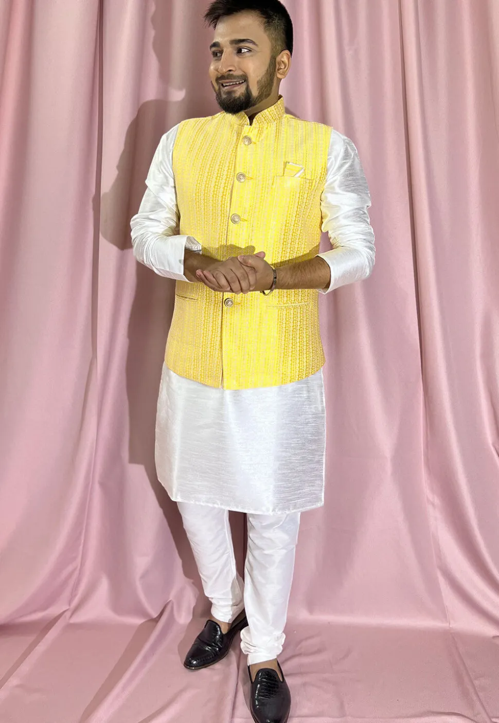 Woven Art Silk Jacquard Nehru Jacket in Yellow