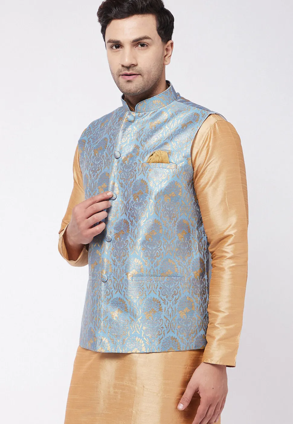 Woven Art Silk Jacquard Nehru Jacket in Light Blue