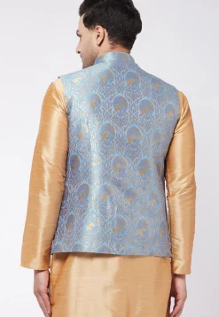 Woven Art Silk Jacquard Nehru Jacket in Light Blue