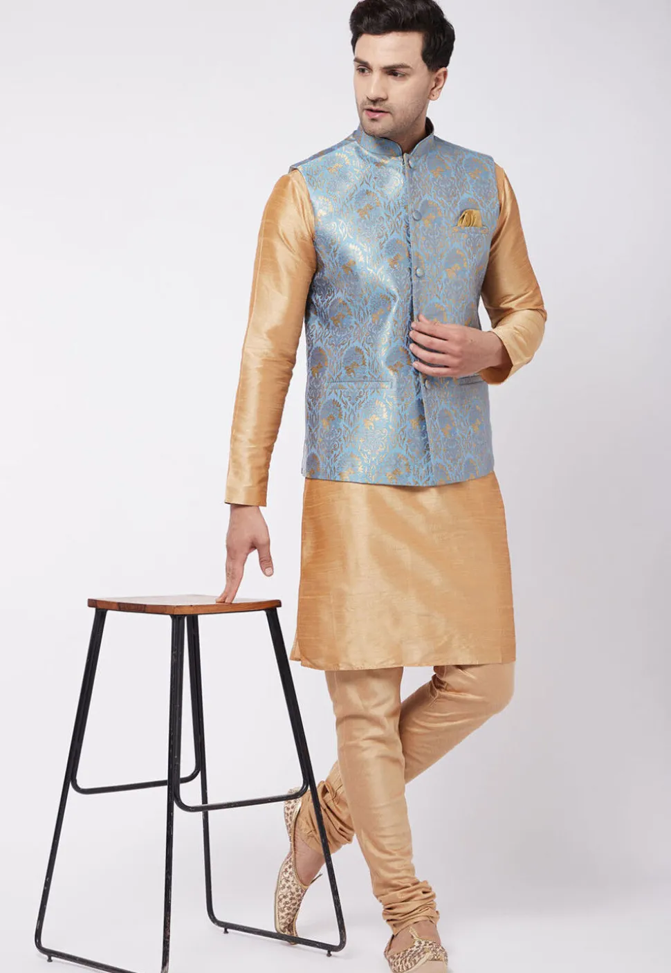 Woven Art Silk Jacquard Nehru Jacket in Light Blue