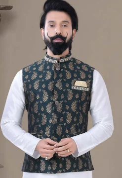 Woven Art Silk Jacquard Nehru Jacket in Dark Green
