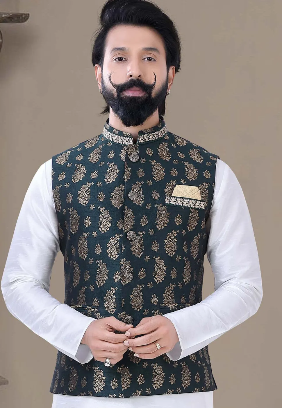 Woven Art Silk Jacquard Nehru Jacket in Dark Green