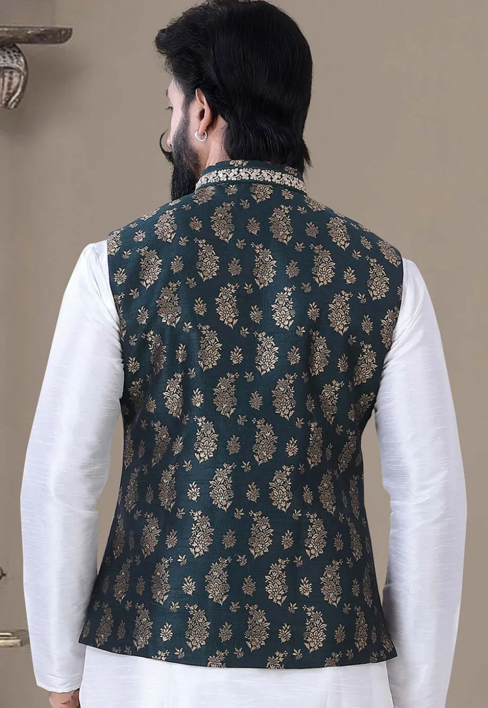 Woven Art Silk Jacquard Nehru Jacket in Dark Green
