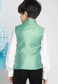 Woven Art Silk Jacquard Nehru Jacket in Light Teal Green
