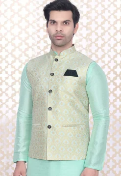 Woven Art Silk Jacquard Nehru Jacket in Sea Green