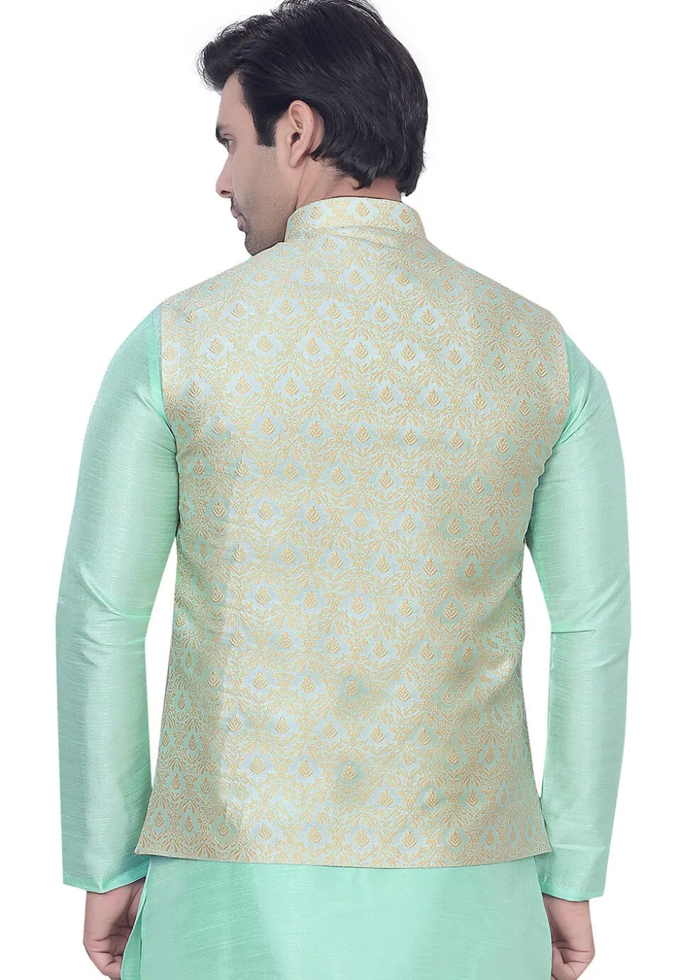 Woven Art Silk Jacquard Nehru Jacket in Sea Green