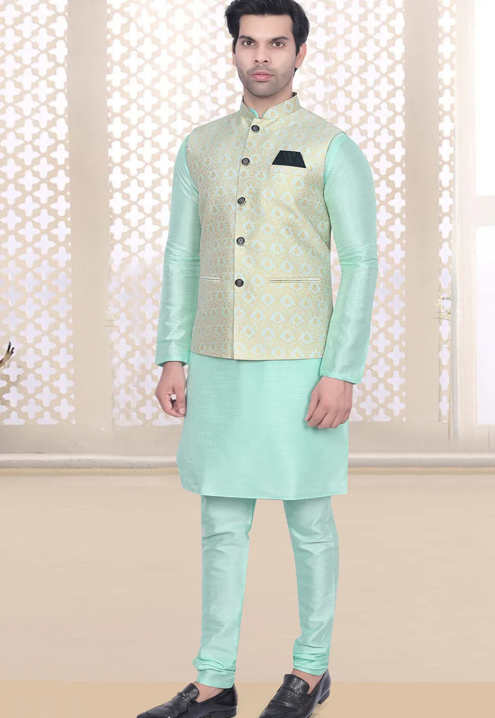 Woven Art Silk Jacquard Nehru Jacket in Sea Green