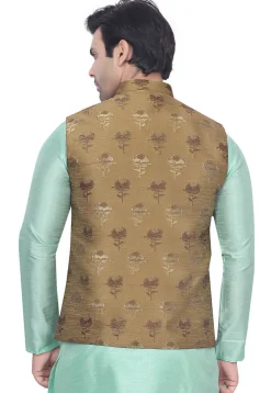 Woven Art Silk Jacquard Nehru Jacket in Beige