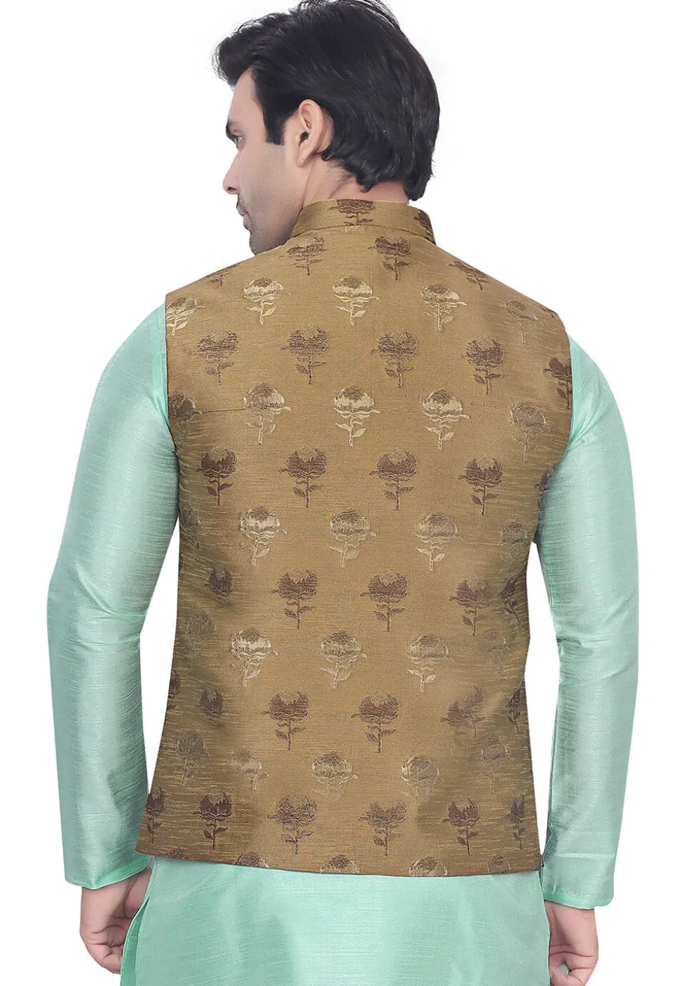 Woven Art Silk Jacquard Nehru Jacket in Beige