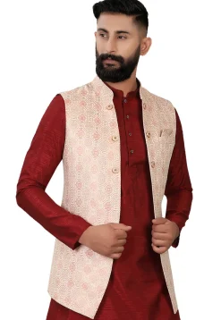 Woven Art Silk Jacquard Nehru Jacket in Peach