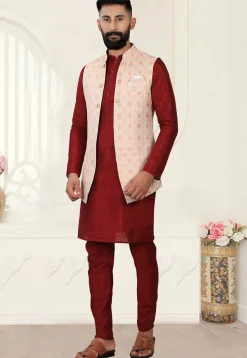 Woven Art Silk Jacquard Nehru Jacket in Peach