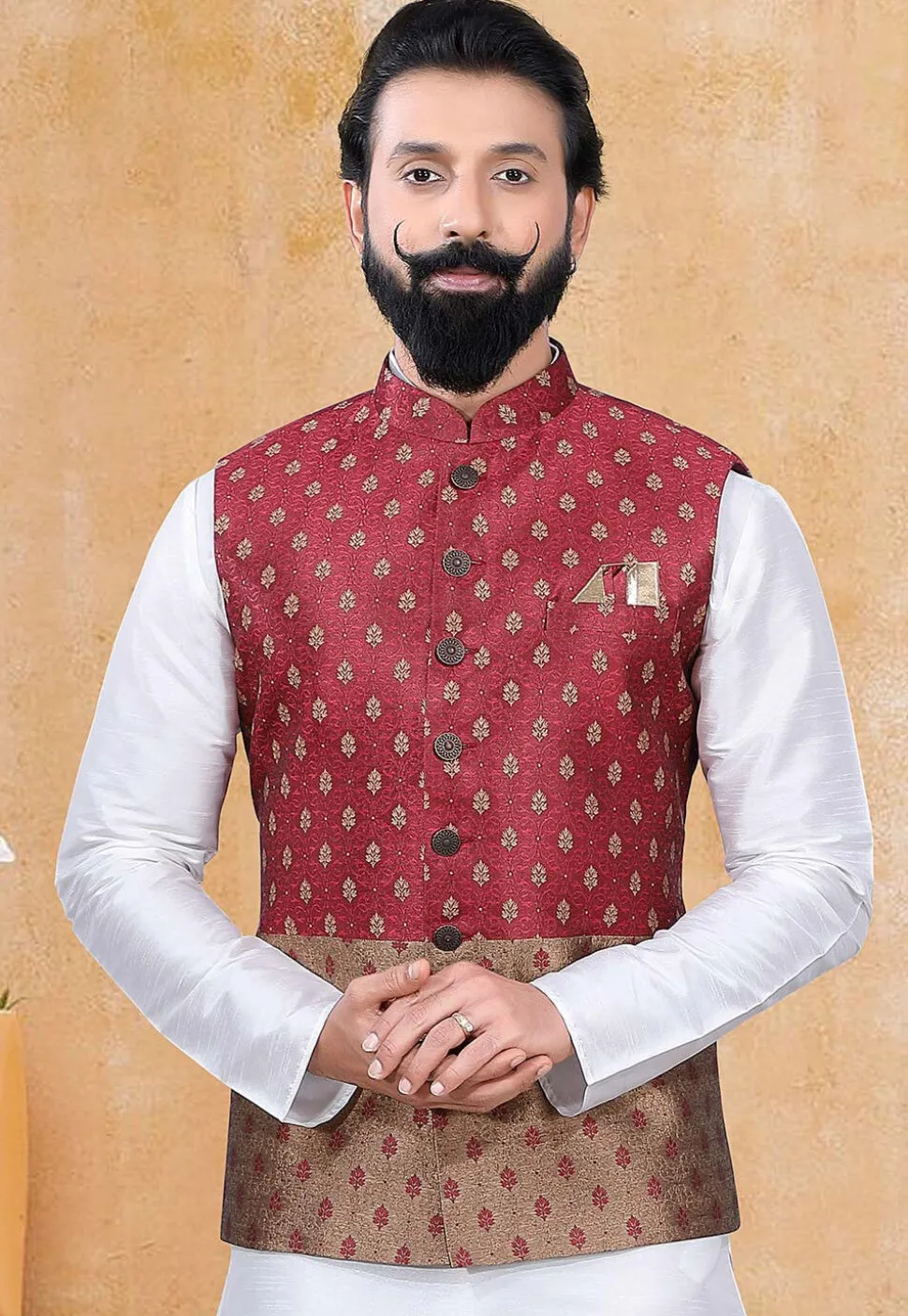 Woven Art Silk Jacquard Nehru Jacket in Maroon