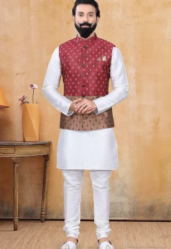 Woven Art Silk Jacquard Nehru Jacket in Maroon