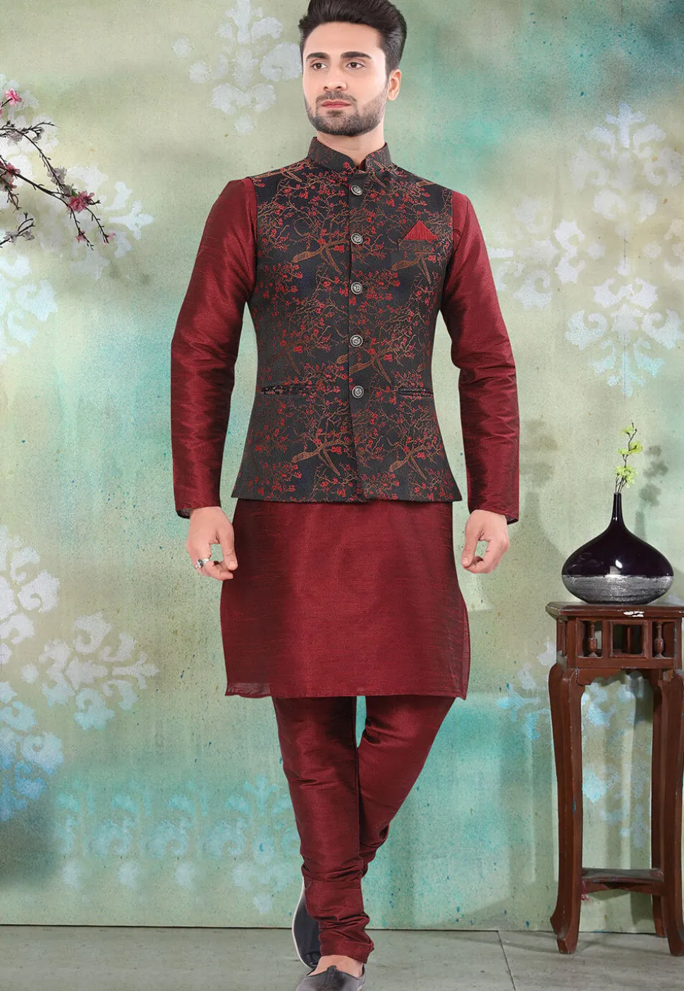Woven Art SIlk Jacquard Nehru Jacket in Black