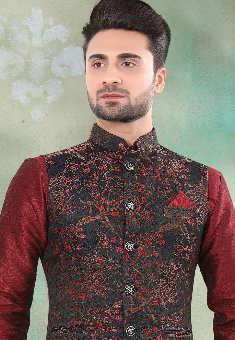 Woven Art SIlk Jacquard Nehru Jacket in Black