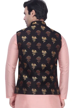 Woven Art Silk Jacquard Nehru Jacket in Black