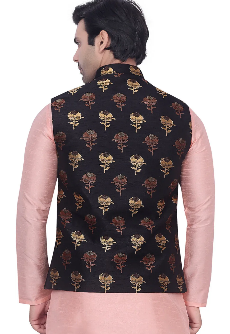 Woven Art Silk Jacquard Nehru Jacket in Black