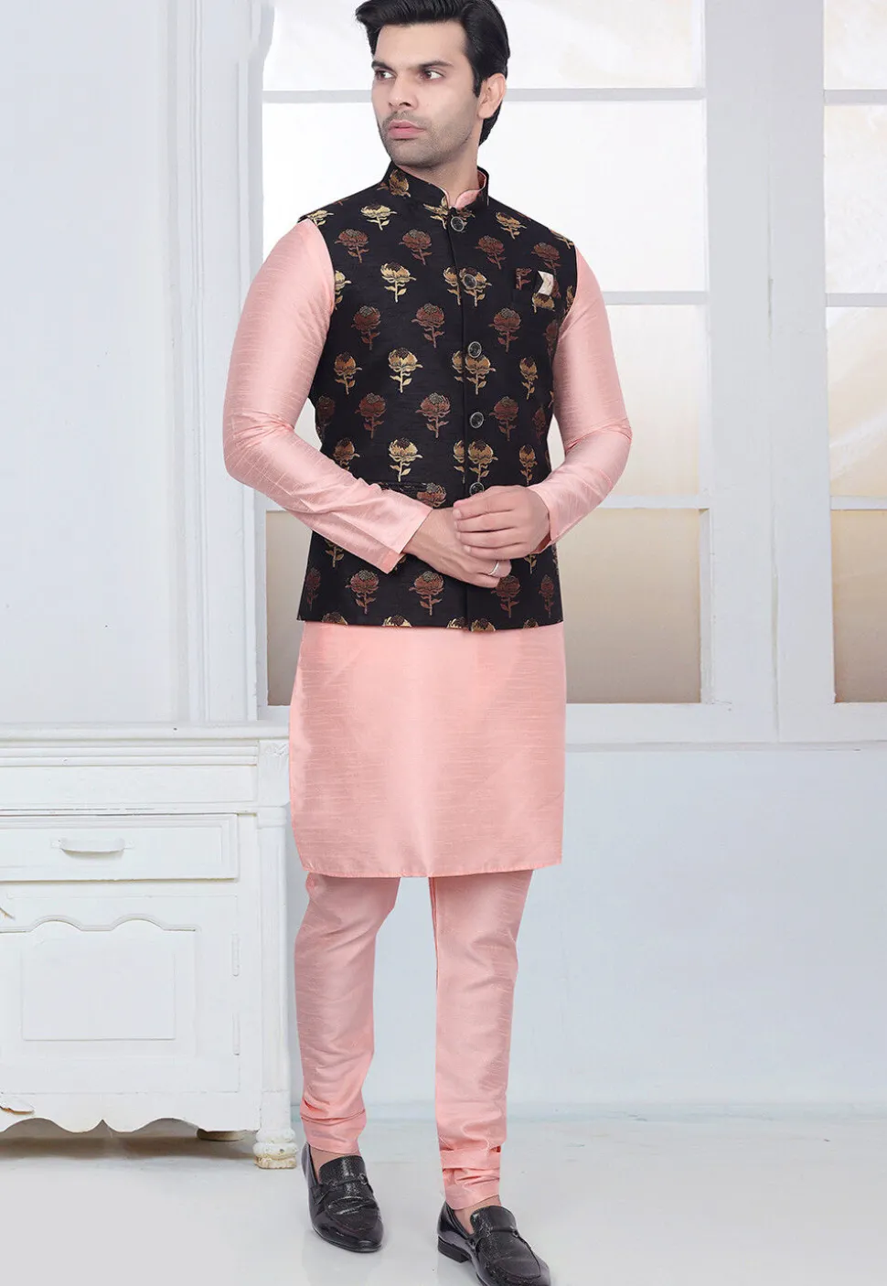 Woven Art Silk Jacquard Nehru Jacket in Black