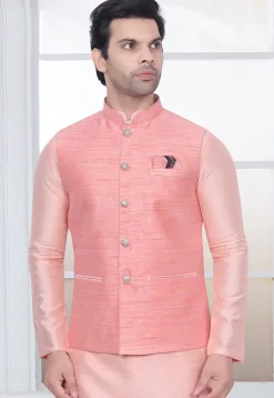 Woven Art Silk Jacquard Nehru Jacket in Peach