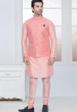 Woven Art Silk Jacquard Nehru Jacket in Peach