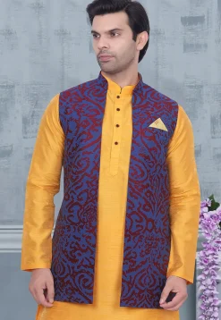 Woven Art Silk Jacquard Nehru Jacket in Blue
