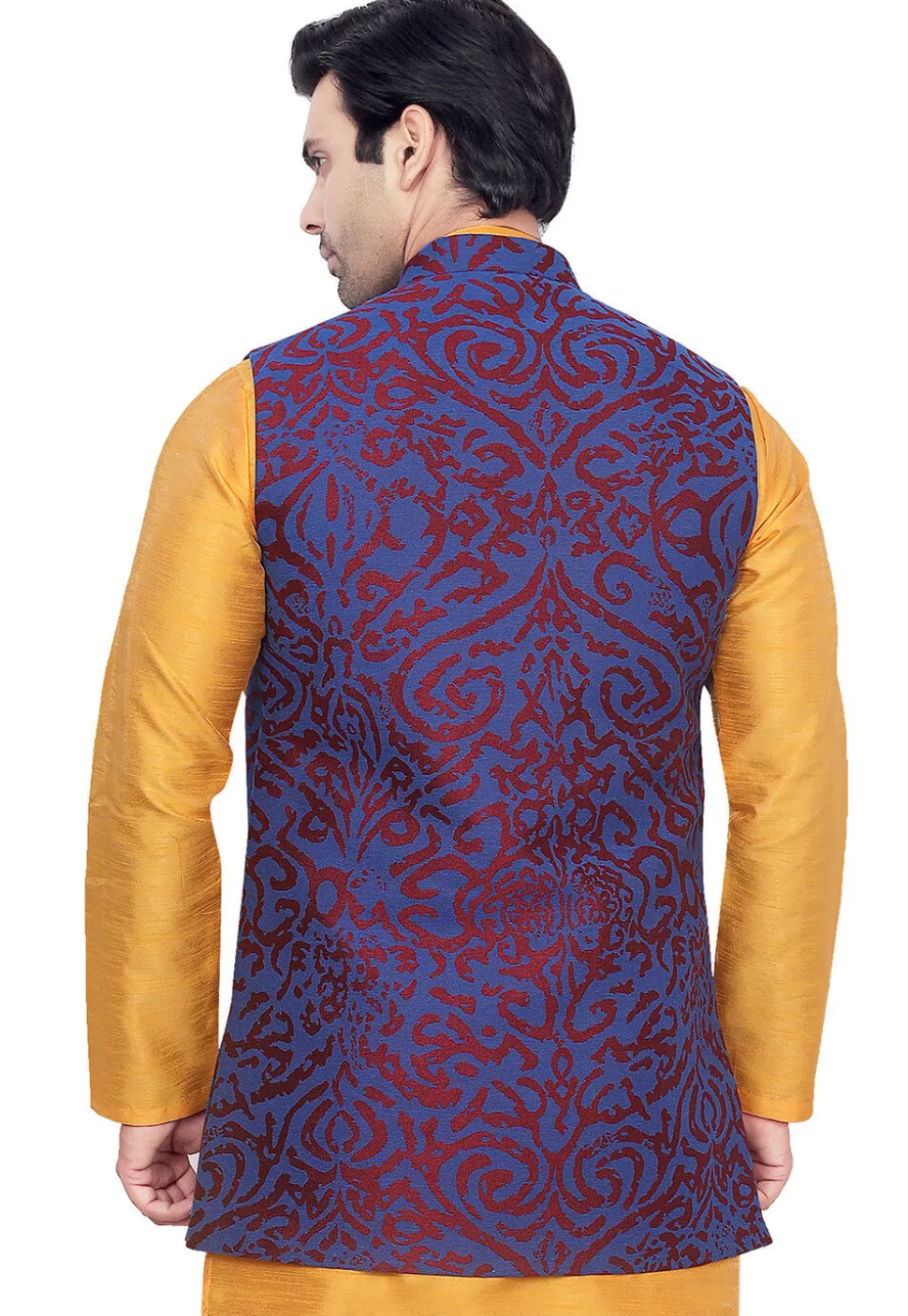 Woven Art Silk Jacquard Nehru Jacket in Blue