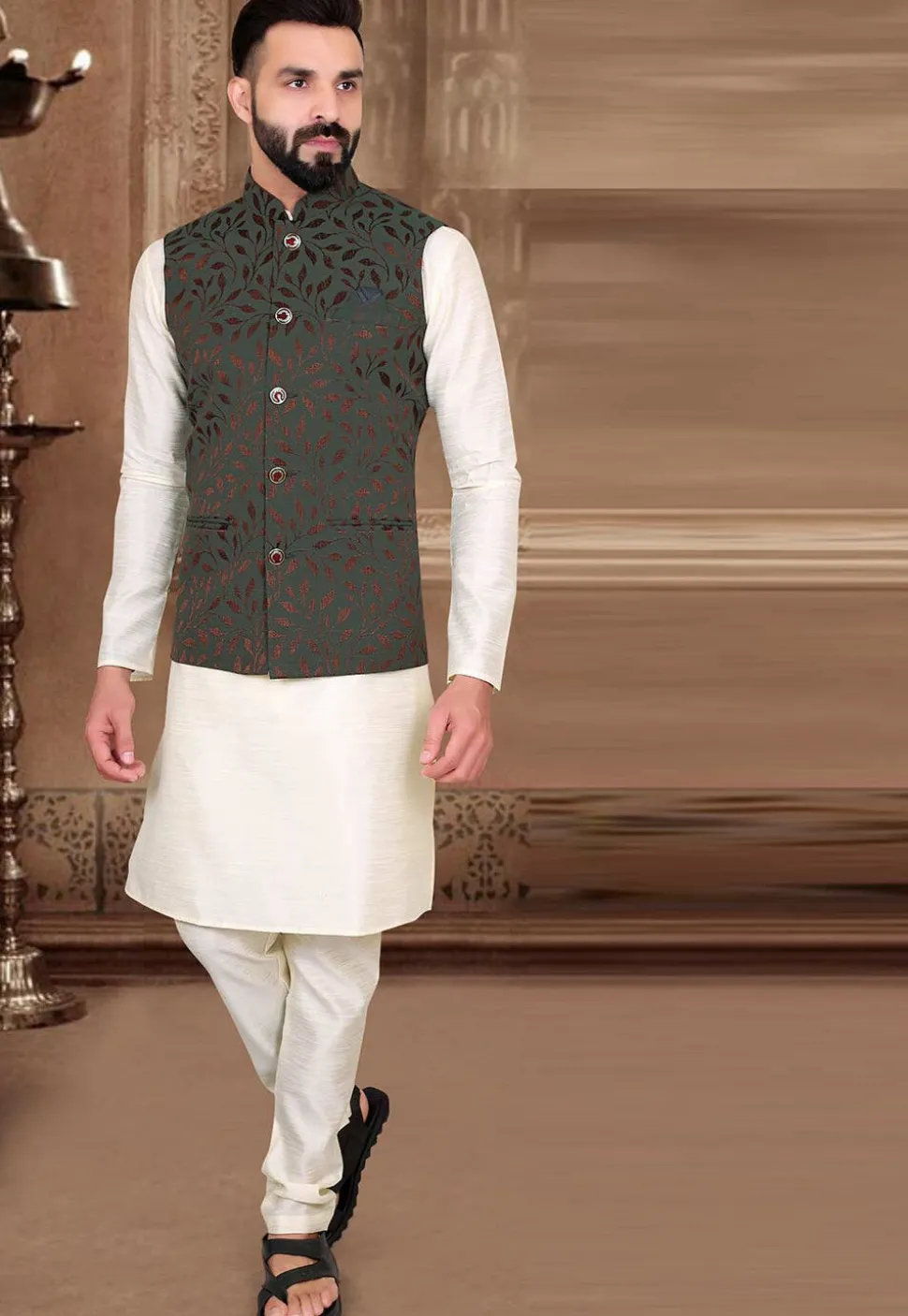 Woven Art Silk Jacquard Nehru Jacket in Dark Green