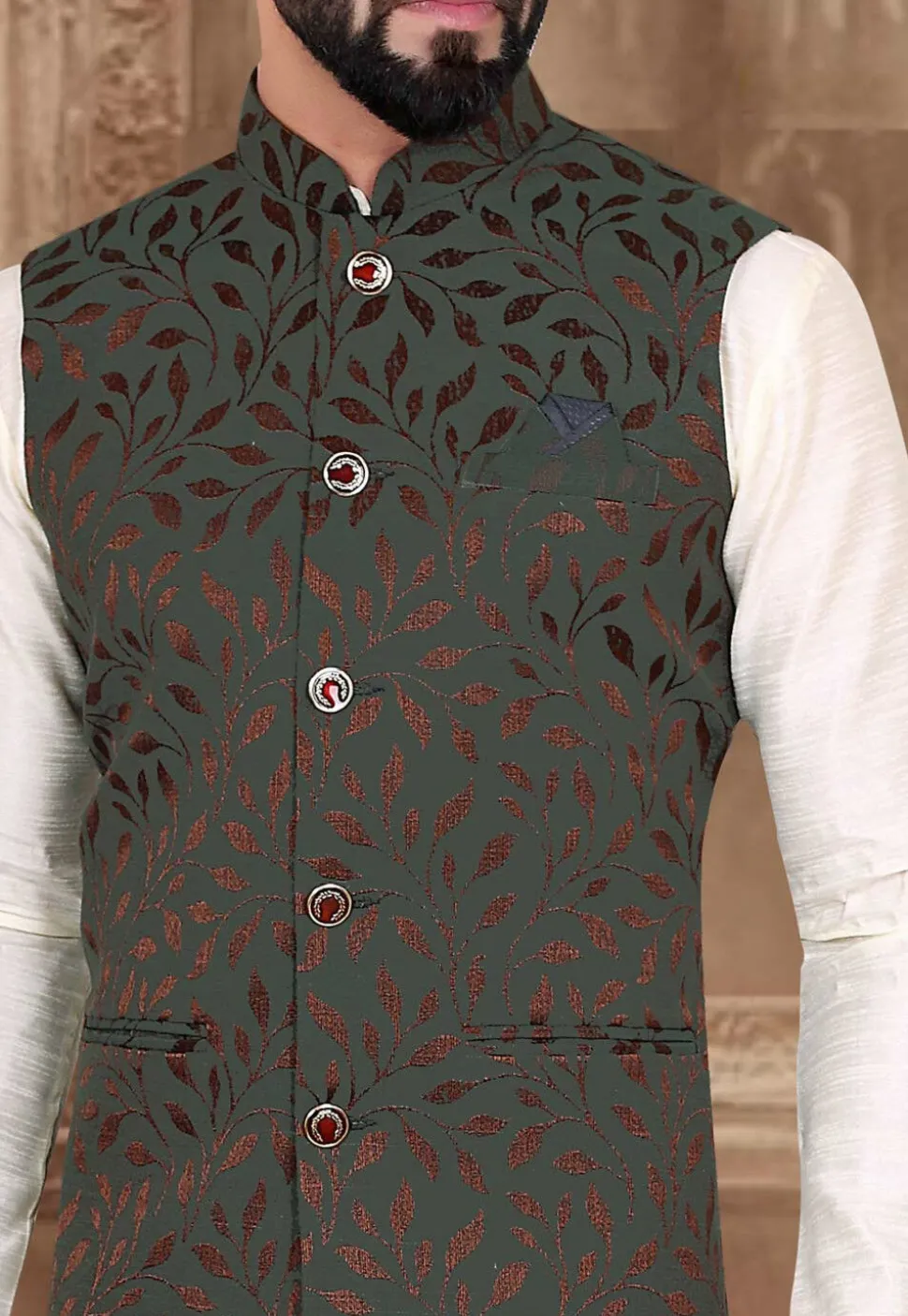 Woven Art Silk Jacquard Nehru Jacket in Dark Green