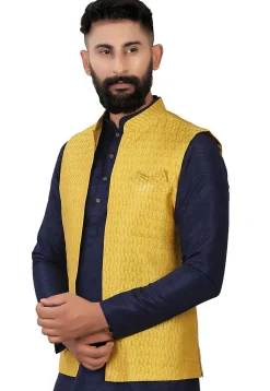 Woven Art Silk Jacquard Nehru Jacket in Mustard