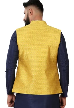 Woven Art Silk Jacquard Nehru Jacket in Mustard