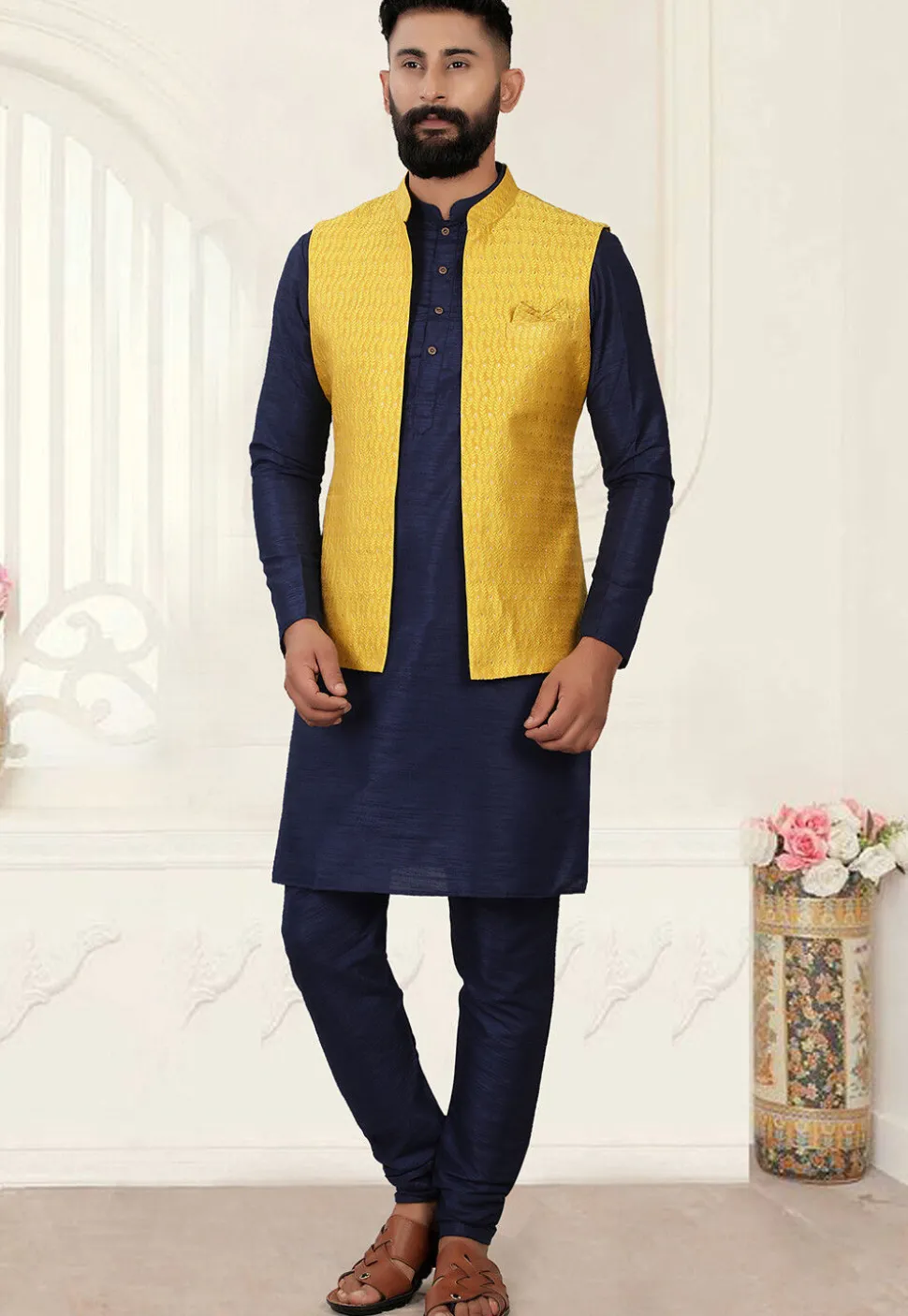 Woven Art Silk Jacquard Nehru Jacket in Mustard