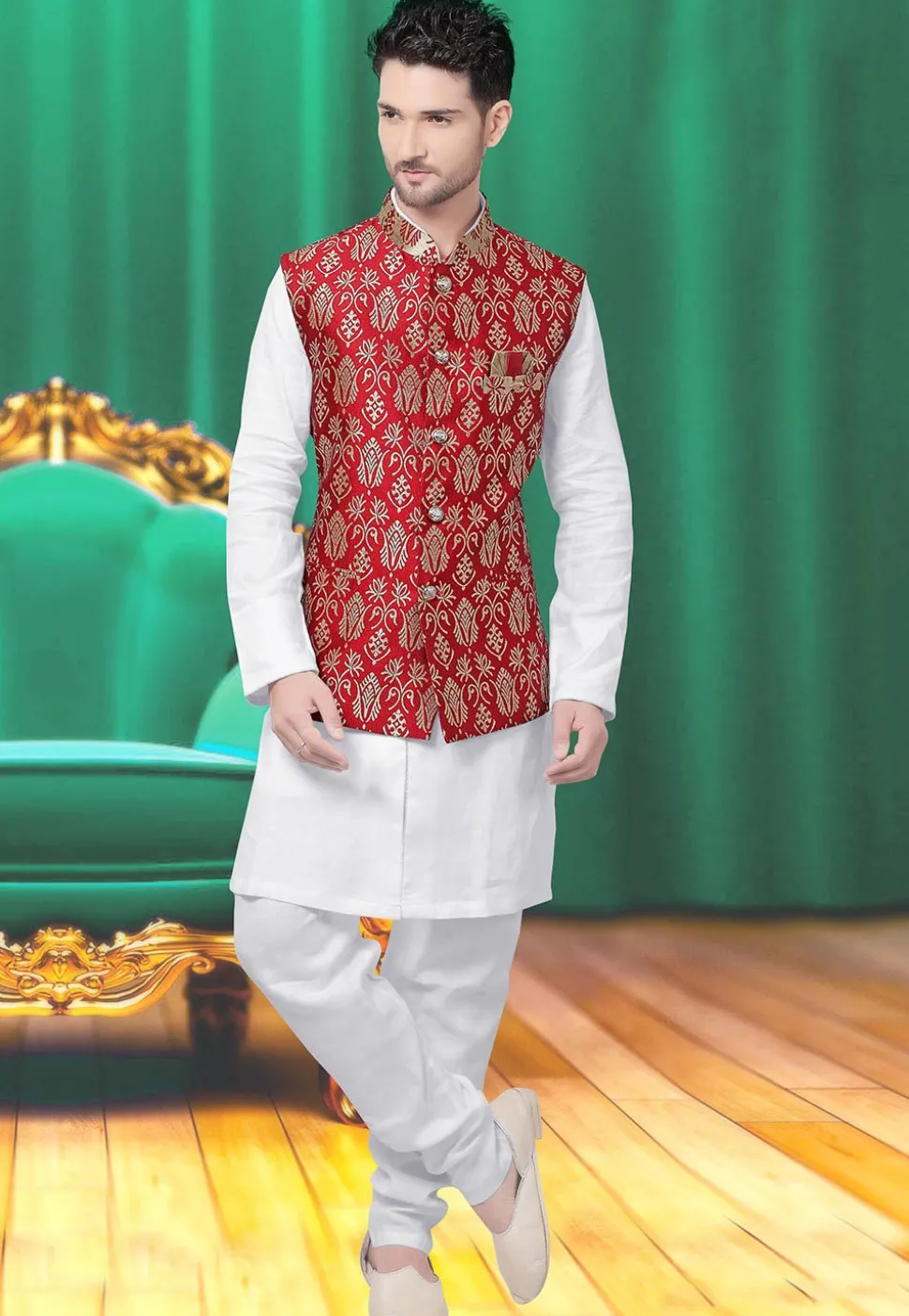 Woven Art Silk Jacquard Nehru Jacket in Red