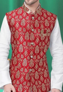 Woven Art Silk Jacquard Nehru Jacket in Red