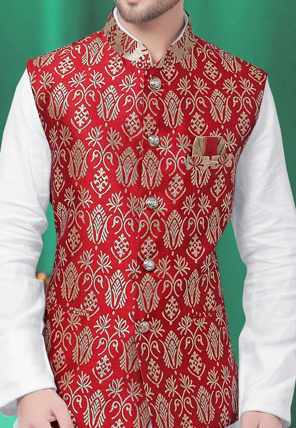 Woven Art Silk Jacquard Nehru Jacket in Red