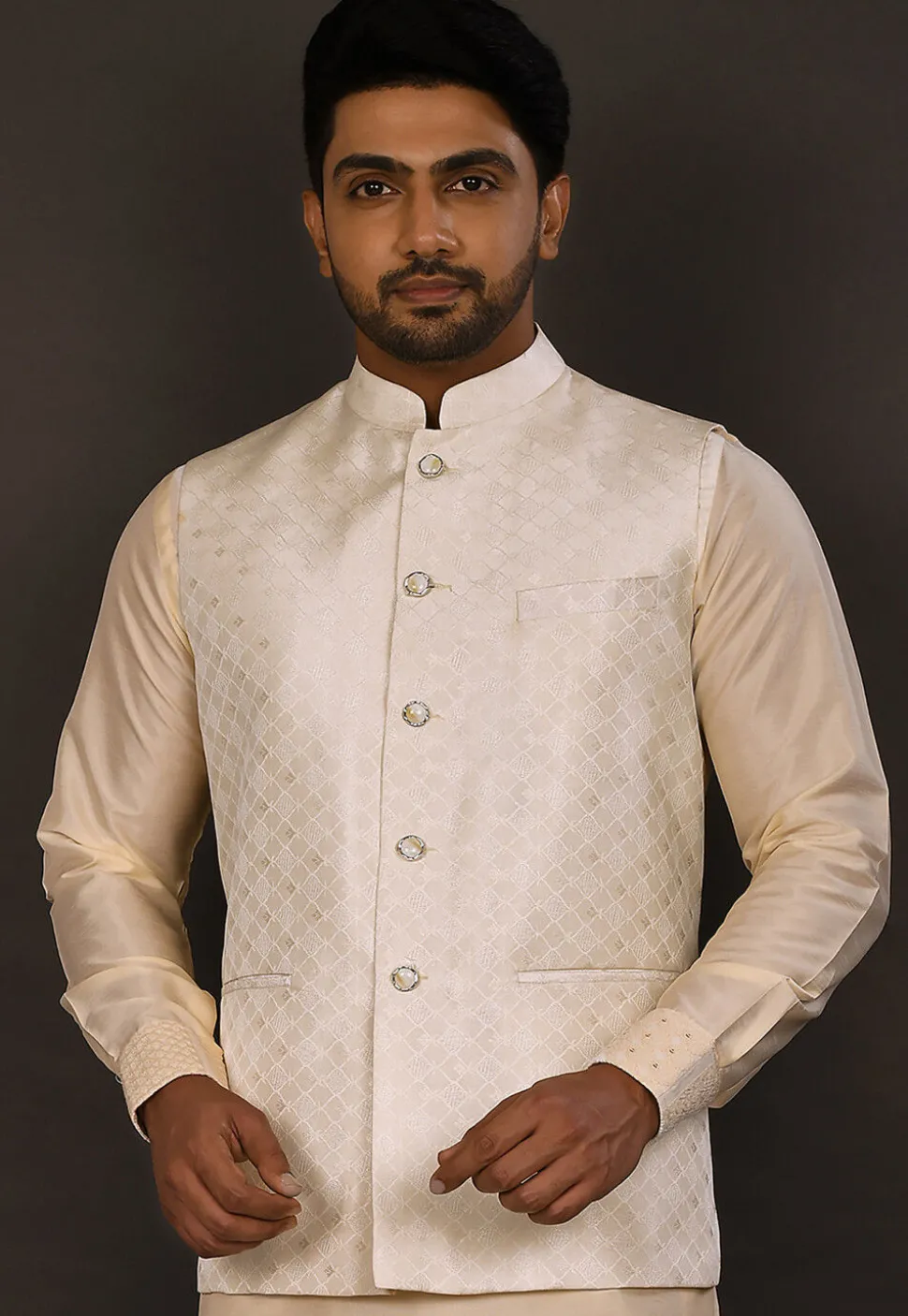 Woven Art Silk Jacquard Nehru Jacket in Cream