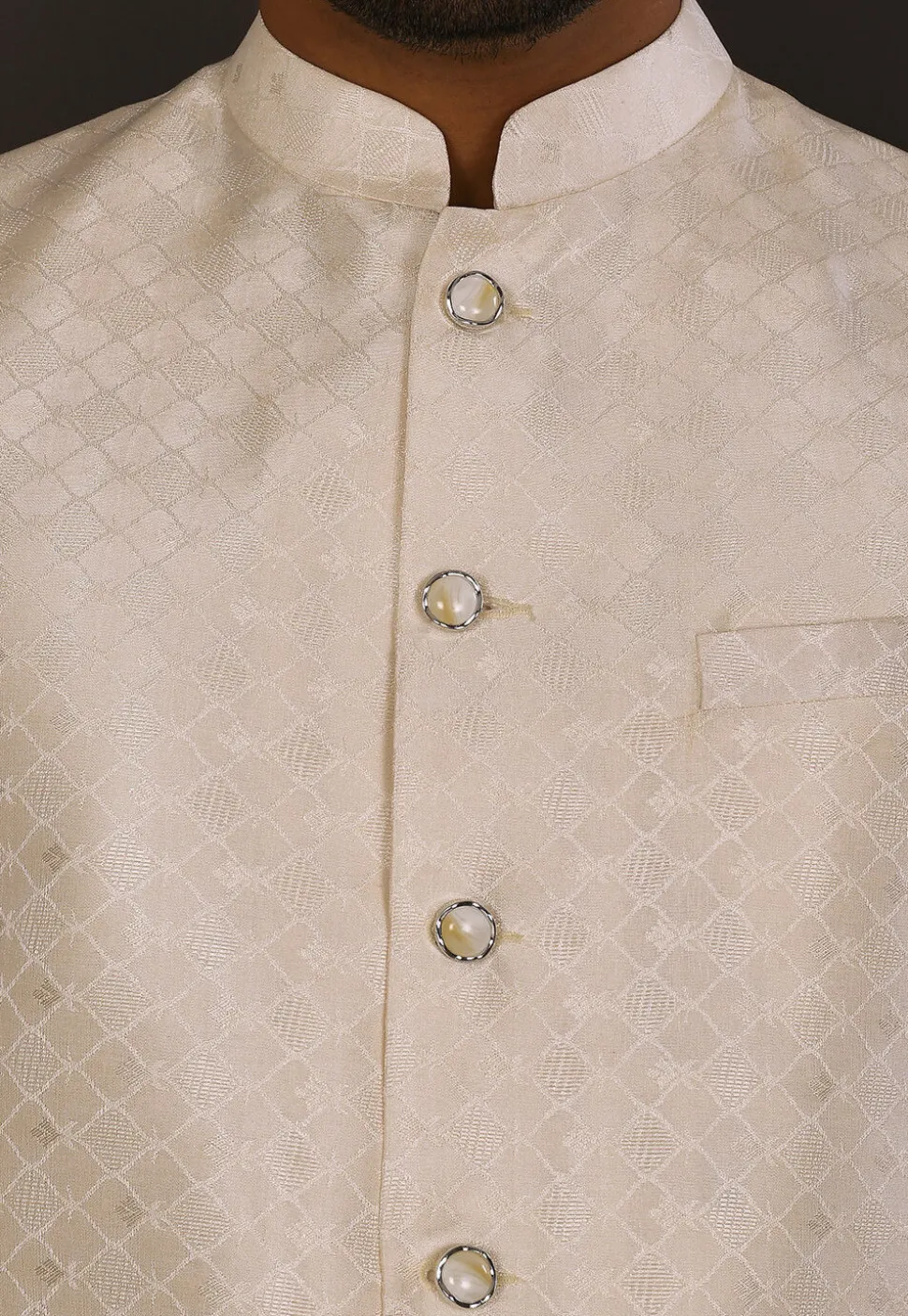 Woven Art Silk Jacquard Nehru Jacket in Cream