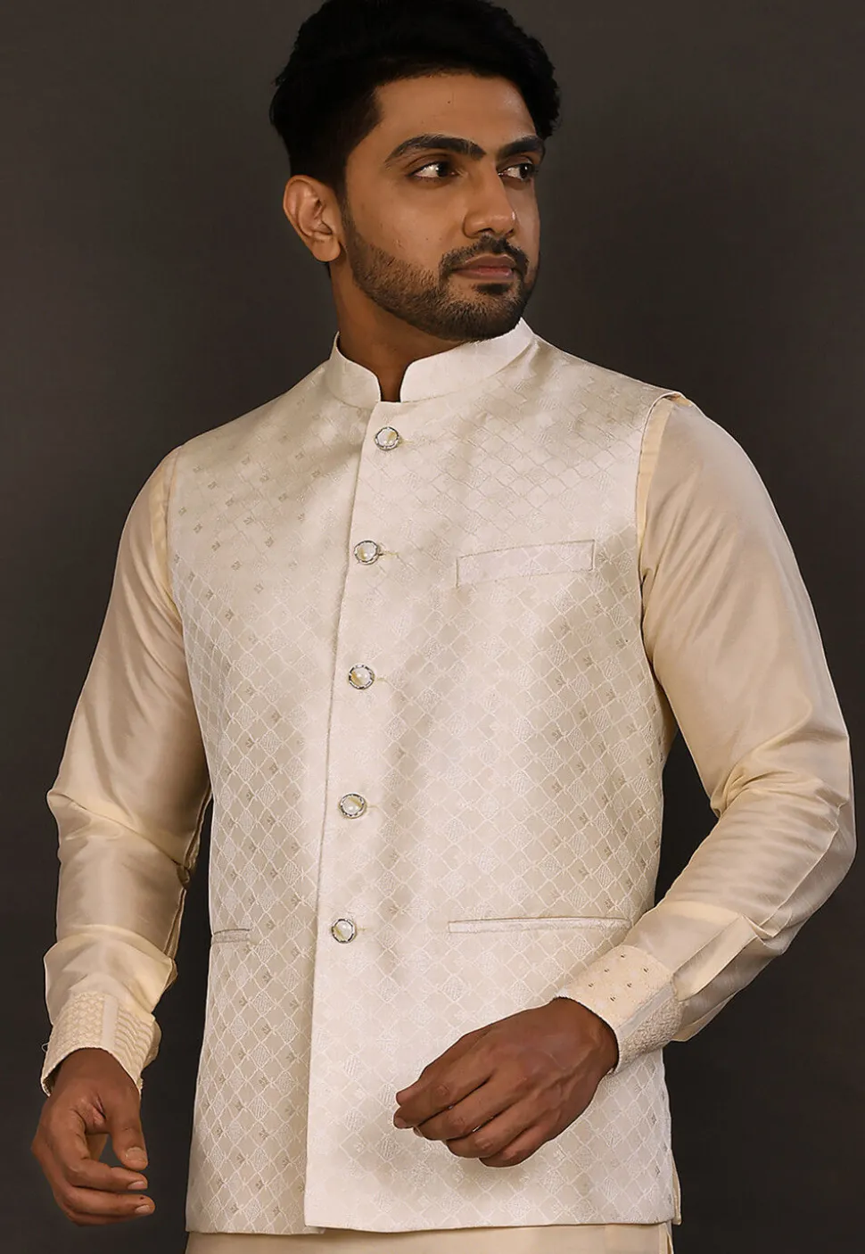 Woven Art Silk Jacquard Nehru Jacket in Cream