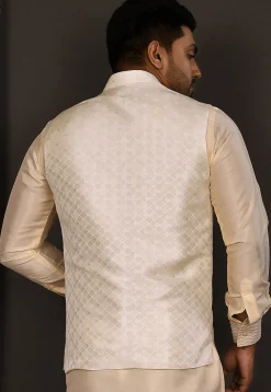 Woven Art Silk Jacquard Nehru Jacket in Cream