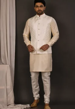 Woven Art Silk Jacquard Nehru Jacket in Cream
