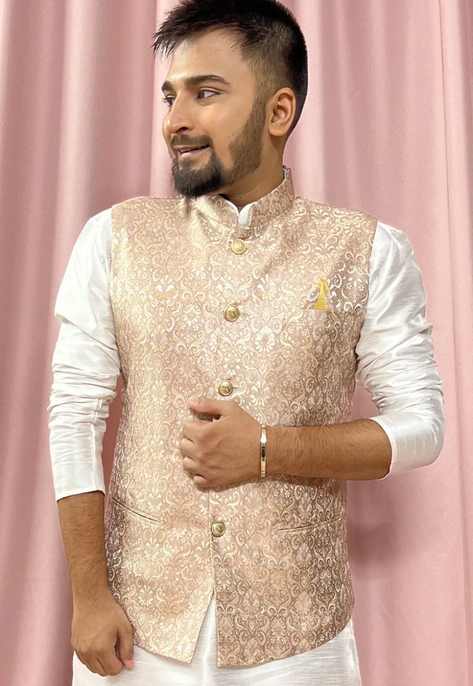Woven Art Silk Jacquard Nehru Jacket in Beige