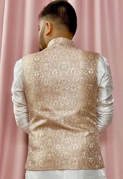 Woven Art Silk Jacquard Nehru Jacket in Beige