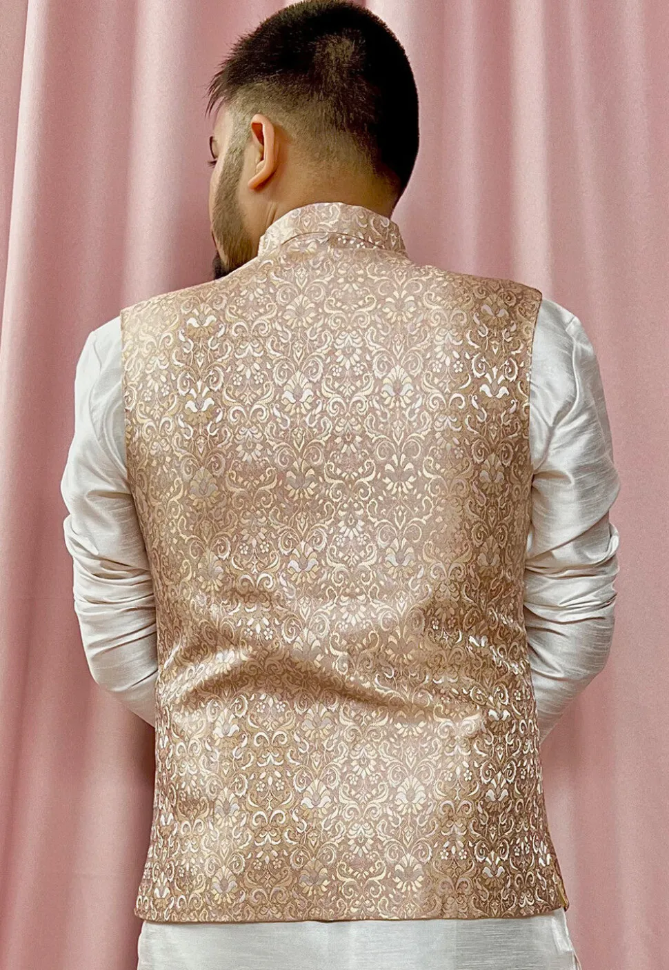 Woven Art Silk Jacquard Nehru Jacket in Beige