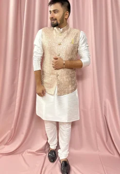 Woven Art Silk Jacquard Nehru Jacket in Beige