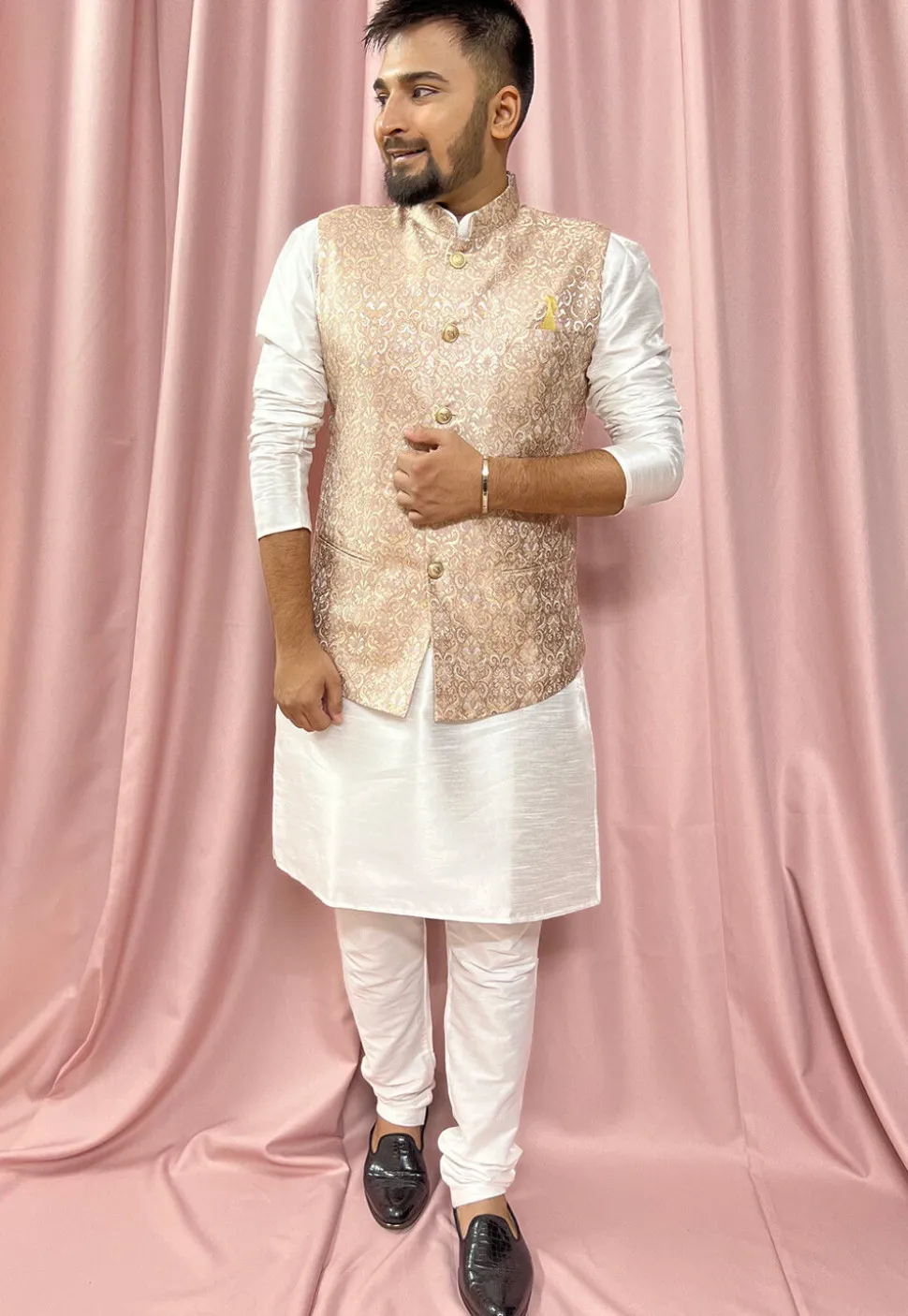 Woven Art Silk Jacquard Nehru Jacket in Beige
