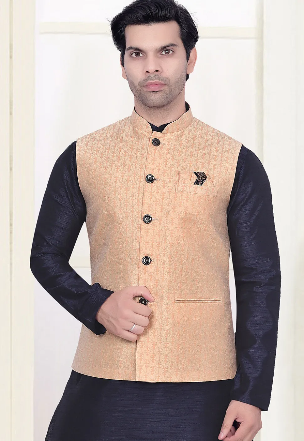 Woven Art Silk Jacquard Nehru Jacket in Peach