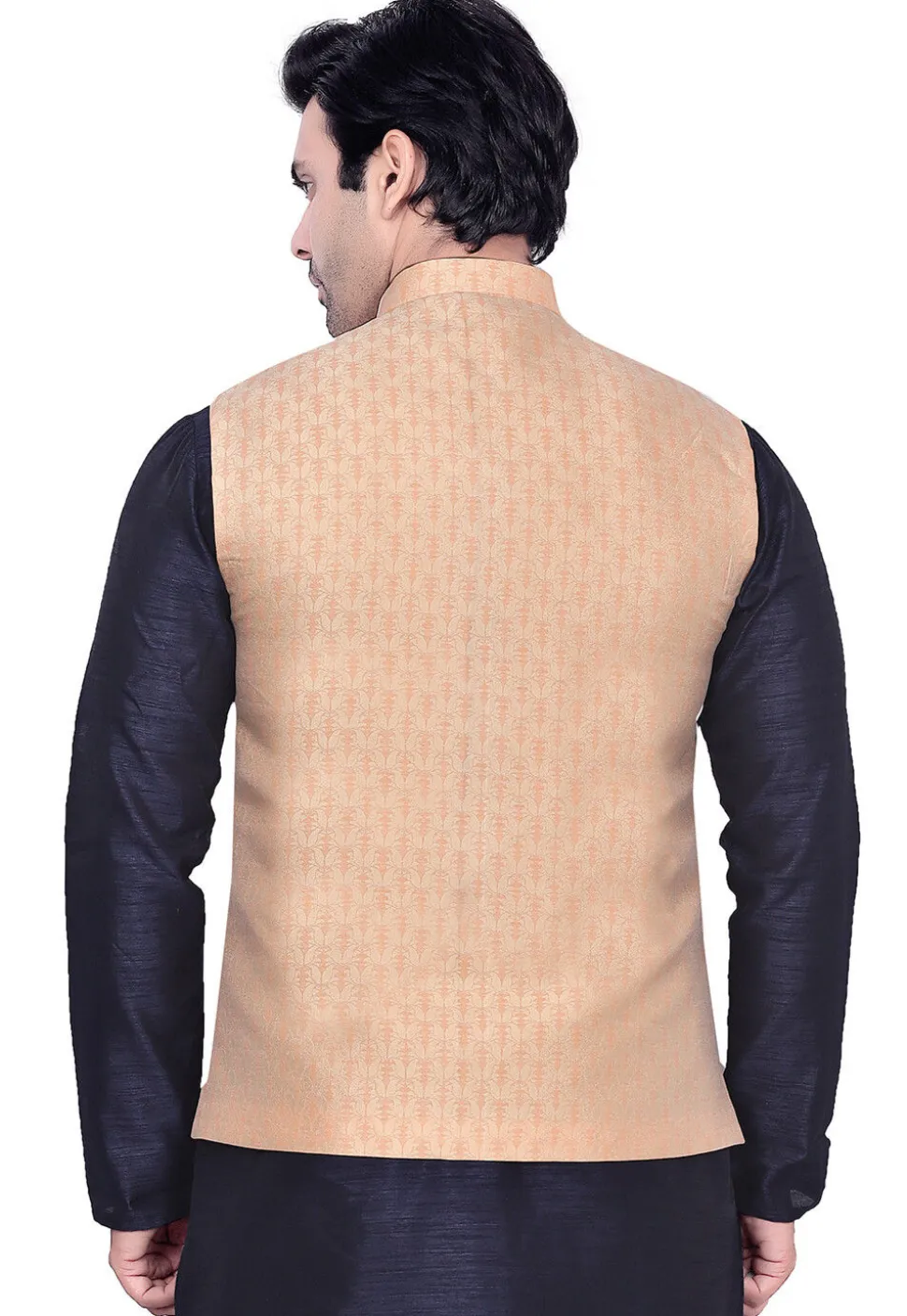 Woven Art Silk Jacquard Nehru Jacket in Peach