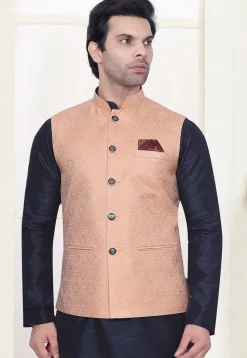 Woven Art Silk Jacquard Nehru Jacket in Peach